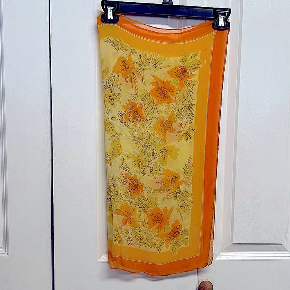 Vintage Ugra Orange Yellow Floral Print Silk Chiffon 24 x 24